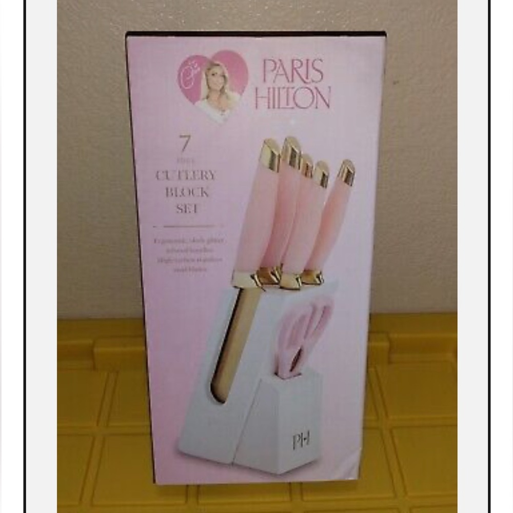 🎀💕 Paris Hilton 7 Piece Cutlery With Storage Block Pink /Gold  Barbie